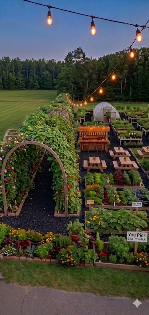H&S Family Farms — beautiful farm garden at dusk